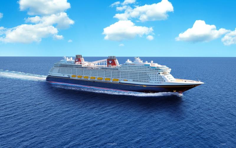 Imagen cedida hoy por Disney que muestra un boceto de su nuevo crucero, el "Disney Wish", que con un diseño inspirado en los cuentos de hadas y con la primera atracción a bordo de un barco, "AquaMouse"