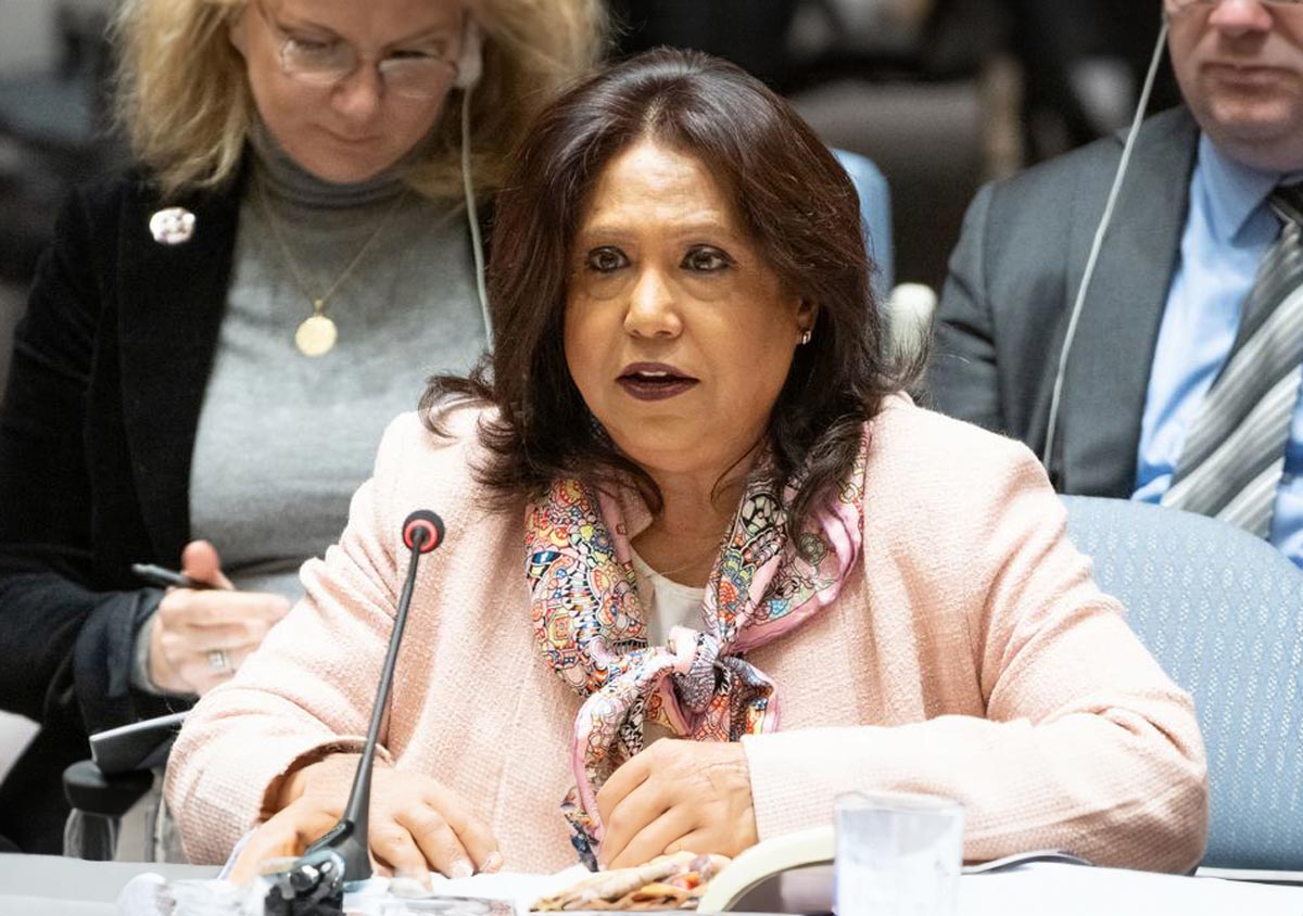 La representante especial del Secretario General sobre la violencia sexual en los conflictos, Pramila Patten, informa a los miembros del Consejo de Seguridad de la ONU sobre la situación en Oriente Medio, incluida la cuestión palestina.