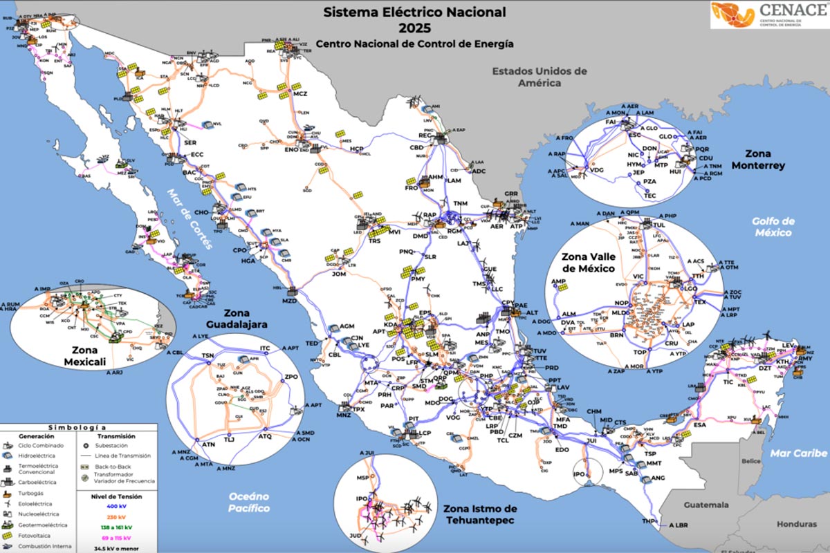 La compleja red eléctrica de México, que carece de redundancias y bajo estrés por la alta demanda por aire acondicionado ante las olas de calor registradas en semanas recientes. Infografía: Cenace